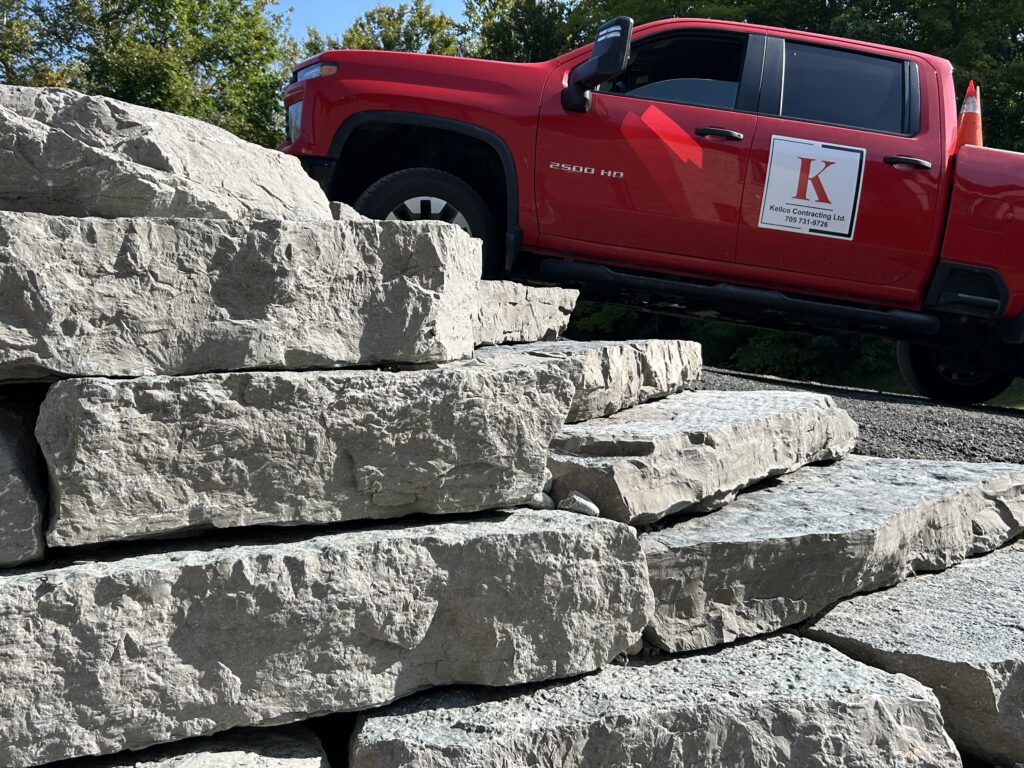 Armour stone retaining wall and steps